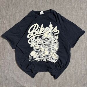 Vintage Jerzees Black biker tee with skull and motorcycle design - L